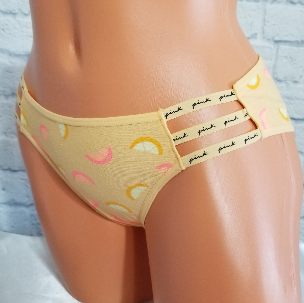 PINK Victoria's Secret Lemon Orange Mini Strap Logo Cheekster Panty New Large